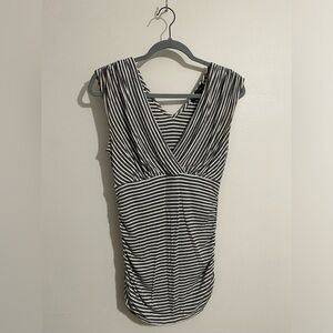 Sleeveless Top with V-Neck Line with Gray and White Stripes
